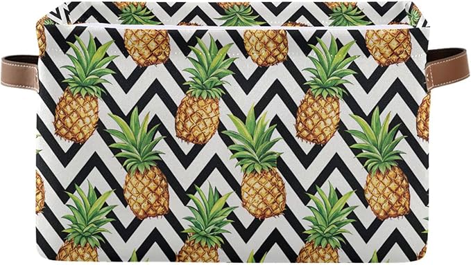 Pineapple Pattern Storage Basket Bin, Large Cube Storage Box Canvas Collapsible Storage Organizer for Home Office Closet - 15 L x 11 W x 9.5 H