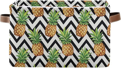 Pineapple Pattern Storage Basket Bin, Large Cube Storage Box Canvas Collapsible Storage Organizer for Home Office Closet - 15 L x 11 W x 9.5 H