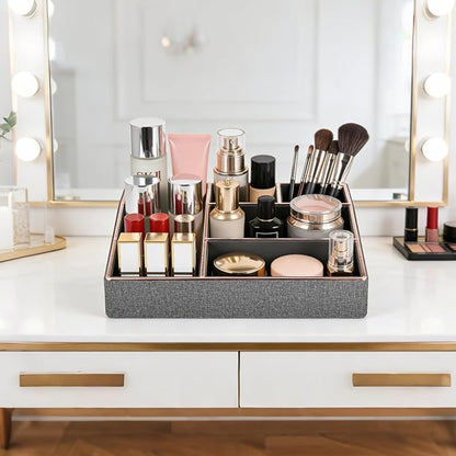 PU Leather Makeup Organizer Tray,Large Vanity Organizer,Cosmetic Storage Box for Lipstick Brushes Skincare Perfume,Cosmetic Display Case Rose Gold-trimmed for Dresser,Bathroom Countertop(Grey)
