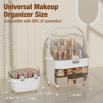 Makeup Organizer for Vanity with perfume Storage Box, Countertop Skincare Organizer with 2 Drawers, Cosmetic Display Case for Perfumes, Eyeshadow Palettes, Nail Polishes, Silver