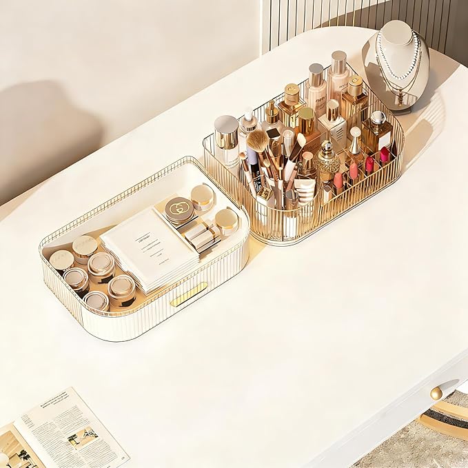 Makeup Organizer with 360° Rotating Brush Holder and Stackable Drawers, Cosmetic Display Case for Vanity, Bathroom Countertop (White, 2 Layer)