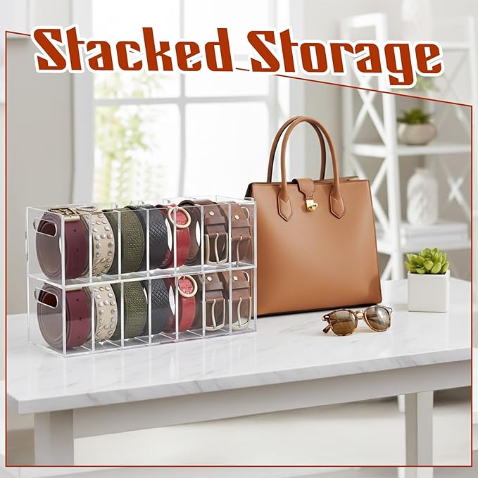1 PCS Acrylic Belt Organizer, 7 Grids Belt Storage Organizer for Drawer with Lid and Handle Tie Holder Tabletop and Wall Mounted Tie Storage for Bedrooms and Dressing Rooms