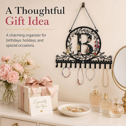 Wall-Mounted Metal Initial Letter B Earring Holder Hanging Jewelry Organizer for Earrings and Necklaces Space-Saving Wall Display with Hooks for Jewelry Storage
