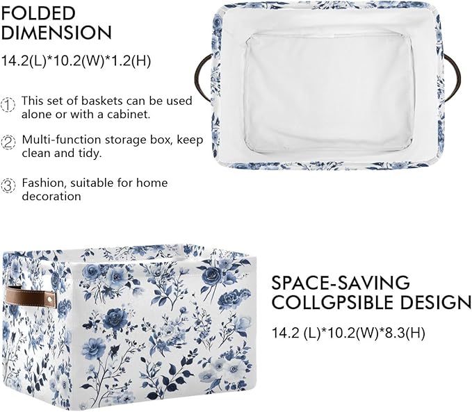 Large Storage Basket Blue and White Porcelain Storage Bin Cube Canvas Fabric Organizer Handles Collapsible for Clothes Toys Bedroom Decorative