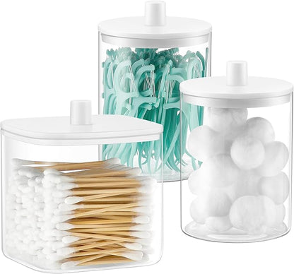 3 Pack Glass Qtip Holder Dispenser- 10 oz Clear Canister Apothecary Jar, Bathroom Vanity Storage Organizer Set for Cotton Swabs, Pads, Floss Picks, Small Containers for Makeup Storage (White)