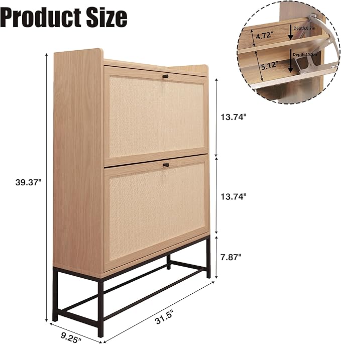 AVZEAR Narrow Shoe Storage Cabinet for Entryway with 2 Flip Drawers, Freestanding Shoe Cabinet with Natural Linen Panel, Slim Wood Shoe Organizer Closed Shoe Rack for Hallway, Foyer, Natural