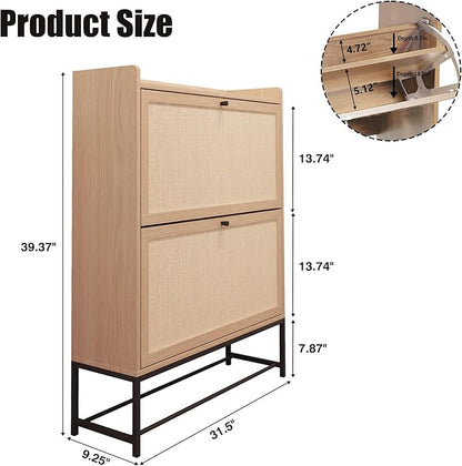 AVZEAR Narrow Shoe Storage Cabinet for Entryway with 2 Flip Drawers, Freestanding Shoe Cabinet with Natural Linen Panel, Slim Wood Shoe Organizer Closed Shoe Rack for Hallway, Foyer, Natural