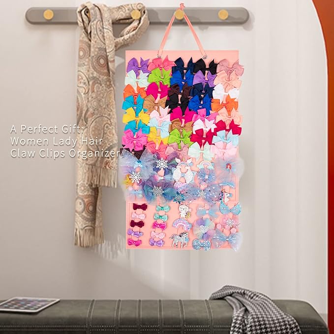 Bow Holder for Girls Hair Bows Claw Clip Organizer, Large Capacity, 4 Layer Display Holder, Holds 150+ Pcs, Pink-B, Modern Style, Felt Material, Easy Assembly for Girls & Women
