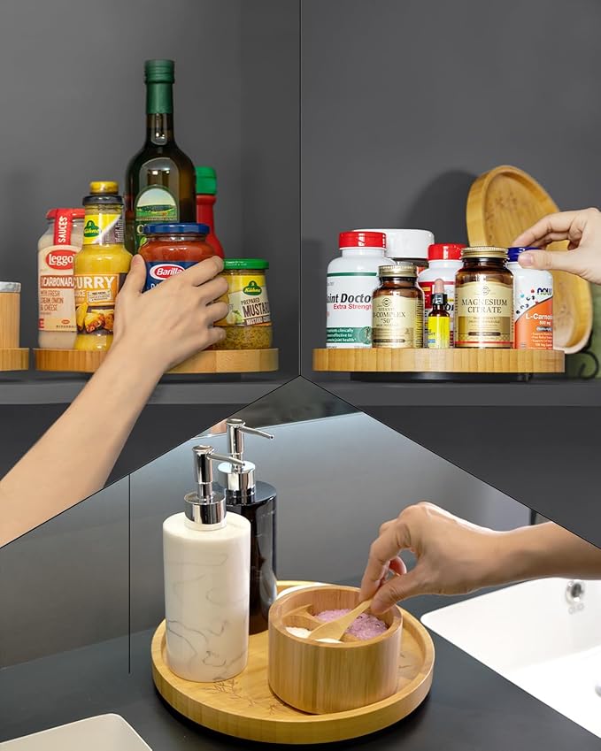 Bamboo Lazy Susan Turntable Organizer 10", Decor Your Kitchen with Elegant Engraved Patterns, Effortless Spinning with Big Roller, Ideal for Cabinet, Pantry, Countertop, and Table Organization