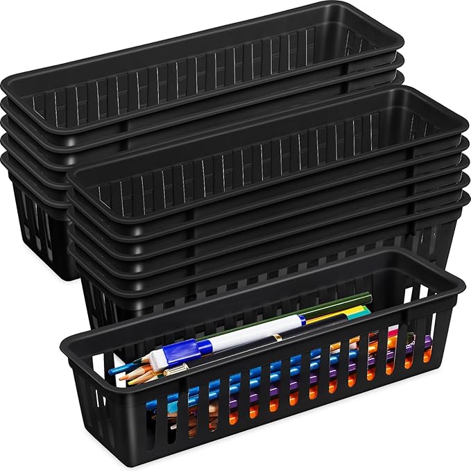 Domensi 12 Pack Slim Plastic Storage Baskets Tray for Organizing 10.25x3.25x2.5 Inch Small Narrow Storage Bins Stackable Drawer Pencil Trays Holder for Desk Garage Cabinet Container (Black)