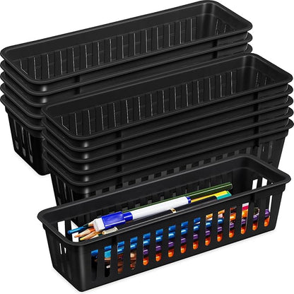 Domensi 12 Pack Slim Plastic Storage Baskets Tray for Organizing 10.25x3.25x2.5 Inch Small Narrow Storage Bins Stackable Drawer Pencil Trays Holder for Desk Garage Cabinet Container (Black)