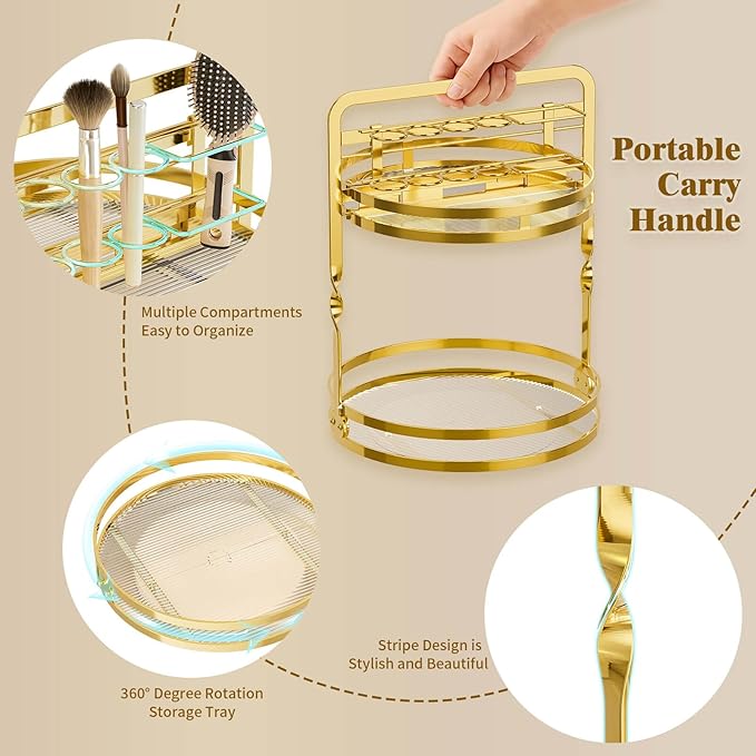 360 Rotating Makeup Organizer Vanity, Gold Perfume Organizer for Dresser, 2 Tier Bathroom Organizer Countertop, Lazy Susan Spinning Perfume Stand for Women, Skincare Storage with Brush Holder