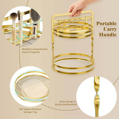 360 Rotating Makeup Organizer Vanity, Gold Perfume Organizer for Dresser, 2 Tier Bathroom Organizer Countertop, Lazy Susan Spinning Perfume Stand for Women, Skincare Storage with Brush Holder