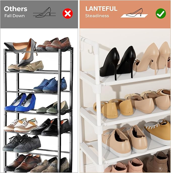 LANTEFUL 3 Tier Shoe Rack for Closet, Shoe Organizer with 5 Hooks, Long Shoe Shelf Storage for Shoe and Boot Stackable Free Standing Shoe Rack for Entryway, Garage, Small Spaces, Dorm, White