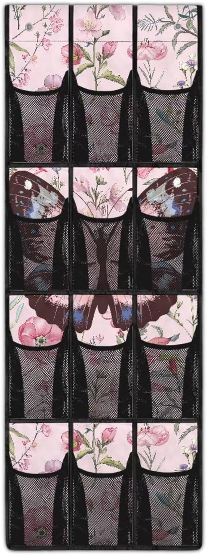 Butterfly Floral Over The Door Shoe Organizer,12 Mesh Pockets Hanging Storage Shoe Rack,Hanger Storage Organizer for Closet,Classroom Headphone Storage,Over Door Organizer for Toys