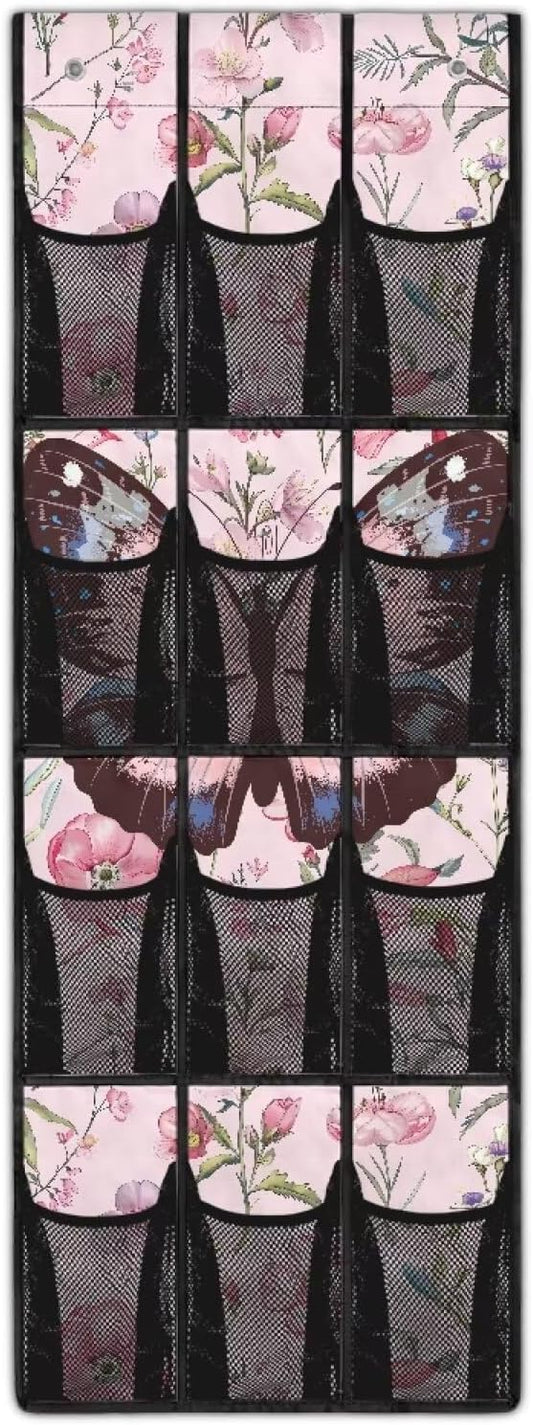 Butterfly Floral Over The Door Shoe Organizer,12 Mesh Pockets Hanging Storage Shoe Rack,Hanger Storage Organizer for Closet,Classroom Headphone Storage,Over Door Organizer for Toys