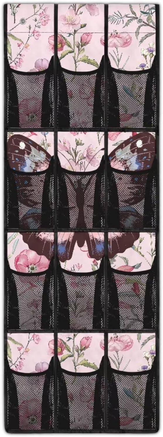 Butterfly Floral Over the Door Shoe Organizer,Shoe Organizer Door Hanger,Shoes Hanger Storage Organizer Bag for Bedroom