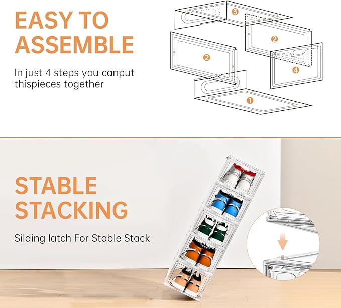 INSTY 6 Pack Large Shoe Storage Box, Clear Shoe Storage Organizer with Magnetic Door, Stackable,Shoe Containers For Display Sneakers, Easy Assembly, Fit up to US Size 12, Clear