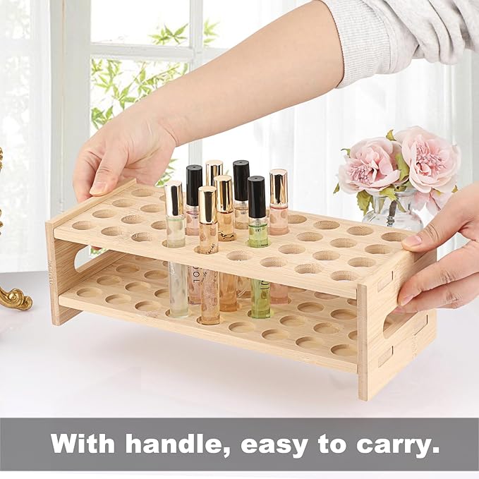 ELLDOO Rollerball Perfume Organizer, 36 Spaces Bamboo Perfume Storage Holder Beauty Scent Holder with Handle, Makeup Lipgloss Lipstick Display Case