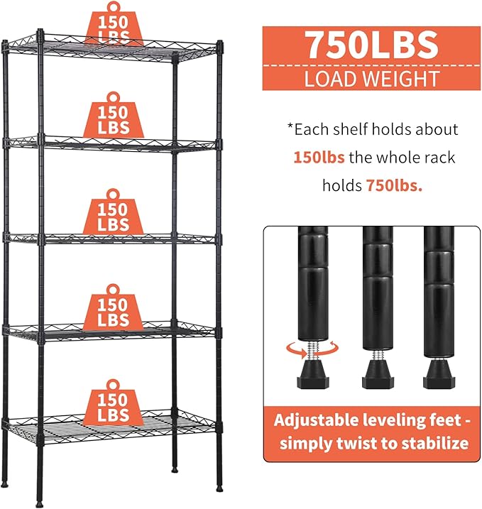 Wire Shelves 5-Tier Metal Storage Shelves 47.6" H x 21.5" x 11.6" Adjustable Wire Rack Shelf NSF Shelving Unit for Kitchen Storage Pantry Laundry, 750LB Capacity, Black