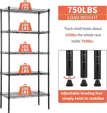 Wire Shelves 5-Tier Metal Storage Shelves 47.6" H x 21.5" x 11.6" Adjustable Wire Rack Shelf NSF Shelving Unit for Kitchen Storage Pantry Laundry, 750LB Capacity, Black