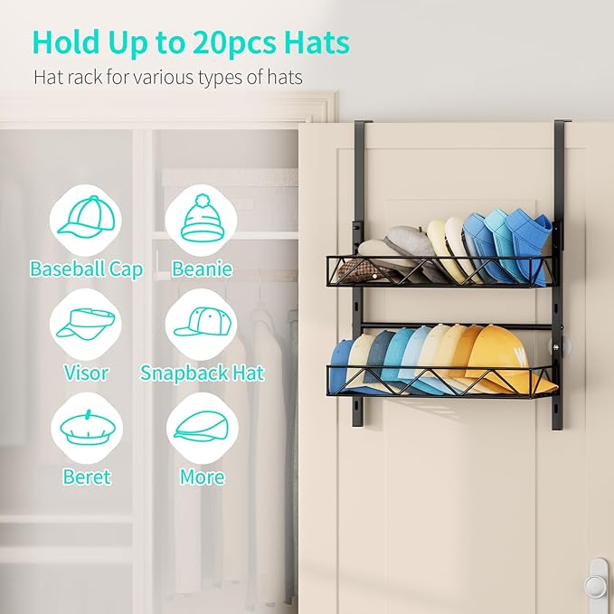 HapiRm Hat Organizer for Baseball Caps - 2 Tier Over the Door & Wall Mounted Hat Rack with 2 Adjustable Metal Basket, Storage Holds up to 20 Caps for Door, Bedroom, Closet (Black)