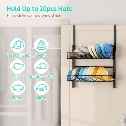 HapiRm Hat Organizer for Baseball Caps - 2 Tier Over the Door & Wall Mounted Hat Rack with 2 Adjustable Metal Basket, Storage Holds up to 20 Caps for Door, Bedroom, Closet (Black)