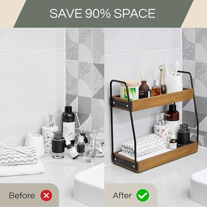 THYOI Acacia Wood 2-Tier Wooden Organizer Countertop 15.4” x 6.7” x 14.6”, Two-Tier Bathroom Organizer, Storage Organizer, Wooden Organizer, Countertop Storage Shelf (Walnut with Black Steel)