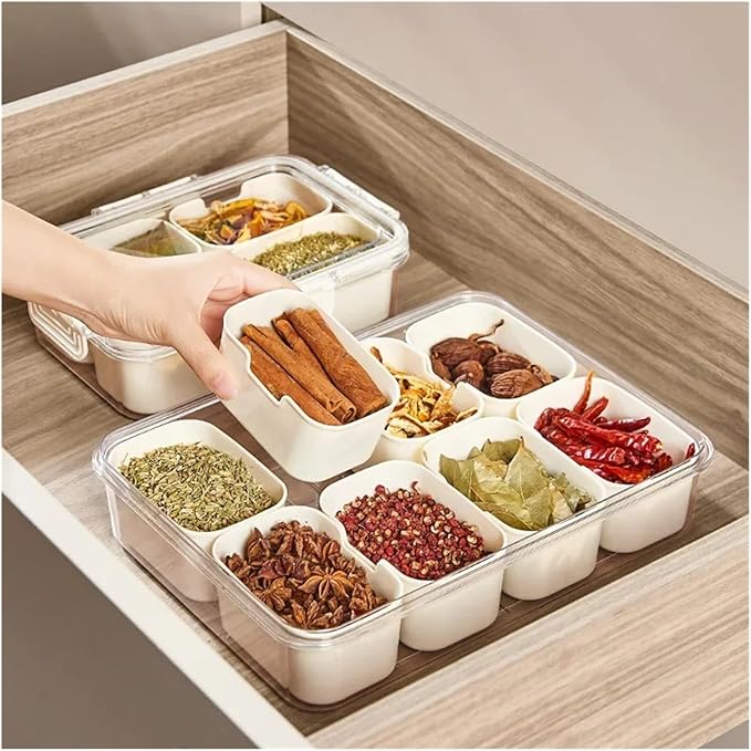 Kitchen Seasoning Storage Box Spice Box Integrated Multi Grid Storage Sealed Tank Moisture-Proof Salt Tank Kitchen Supplies Tool(8 Grid)