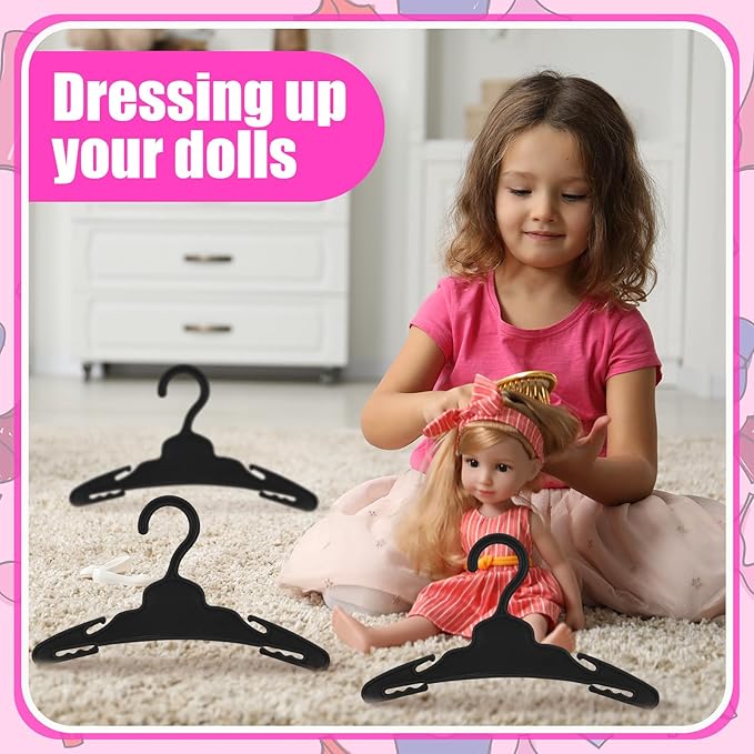 Soulchen 50 Pcs Doll Clothes Hangers for 18 Inch Dolls, Black Plastic Clothes Hangers with Non-Slip Clips, Space-Saving Wardrobe Accessories for Gown Dress Outfit
