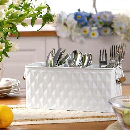 Silverware Caddy for Party Kitchen Flatware Holder for Countertop Metal White Diamond Pattern Embossed Cutlery Organizer with 3 Compartments for Utensils, Spoons, Knives, Forks, Cups,