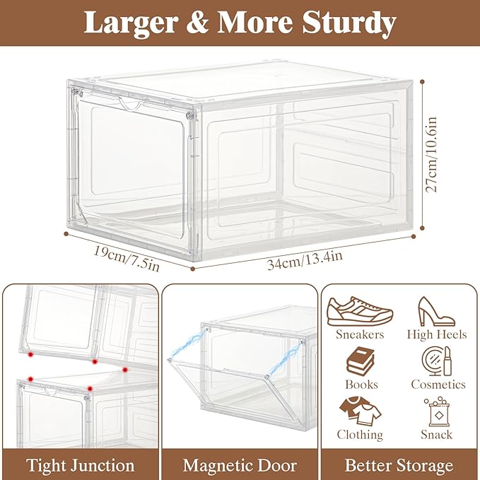 X-Large Shoe Storage Boxes Organizers Clear Plastic 6 Pack, Shoe Rack & Holder Sneaker Container with Magnetic Doors - Display Case Fit Size 12, Easy Assembly