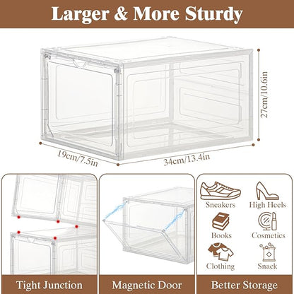 X-Large Shoe Storage Boxes Organizers Clear Plastic 6 Pack, Shoe Rack & Holder Sneaker Container with Magnetic Doors - Display Case Fit Size 12, Easy Assembly