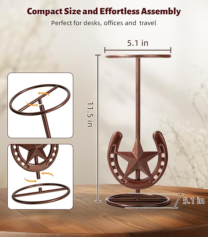 Cowboy Hat Stand, Hat Display, Western Horseshoe Decor, Cowboy Hat Holder, Hat Stands for Display Tabletop, Cowboys Gifts for Men, Desk Hat Rack for Fedora, Sun Hats,Straw Hats, Iron, Bronze, 2 Packs