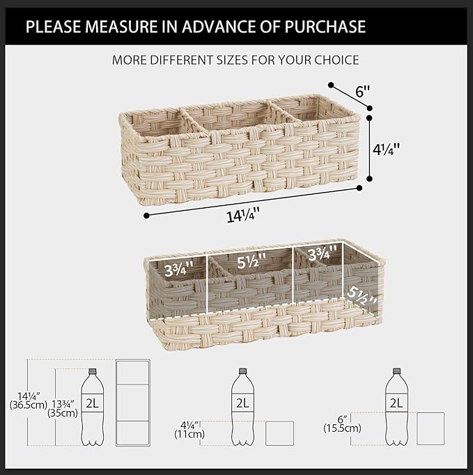 GRANNY SAYS Bathroom Baskets for Organizing, Wicker Basket for Storage, Wicker Baskets for Shelves, Waterproof Back of Toilet Storage Basket, 3 Section Bathroom Organizer Basket, 2-Pack