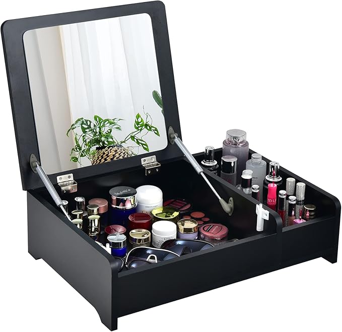 CHARMAID Countertop Vanity with Flip Top Mirror, 24inch Tabletop Laptop Desk with 2 Compartments Organizer, Modern Bedroom Makeup Dressing Vanity Mirror Cosmetic Storage Box Desktop (Black)