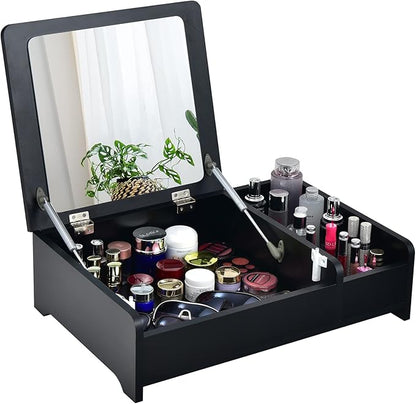 CHARMAID Countertop Vanity with Flip Top Mirror, 24inch Tabletop Laptop Desk with 2 Compartments Organizer, Modern Bedroom Makeup Dressing Vanity Mirror Cosmetic Storage Box Desktop (Black)