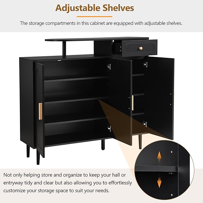 JIVOIT Shoe Cabinet with Adjustable Shelves and Drawer, Cream Style Storage Sideboard with Arched Doors, Solid Wood Legs, Wood Shoe Rack for Entryway, Living Room (Black,164)