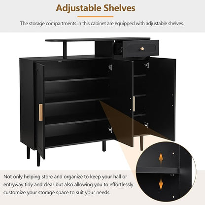 JIVOIT Shoe Cabinet with Adjustable Shelves and Drawer, Cream Style Storage Sideboard with Arched Doors, Solid Wood Legs, Wood Shoe Rack for Entryway, Living Room (Black,164)