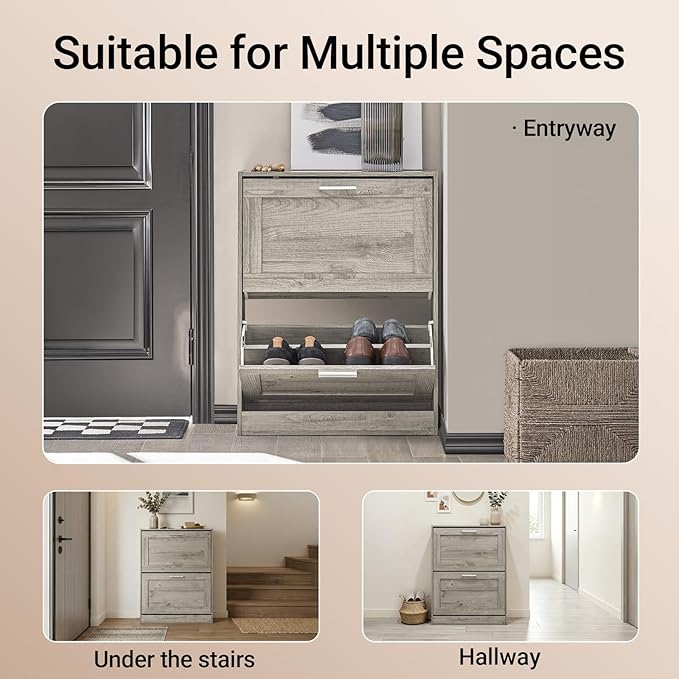 Haotian Enclosed Shoe Rack for Entryway, Narrow Shoe Cabinet with 2 Flip Drawers, Slim Shoe Storage Organizer for Hallway or Small Spaces, Grey, FSR137-HG