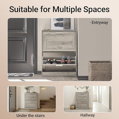 Haotian Enclosed Shoe Rack for Entryway, Narrow Shoe Cabinet with 2 Flip Drawers, Slim Shoe Storage Organizer for Hallway or Small Spaces, Grey, FSR137-HG