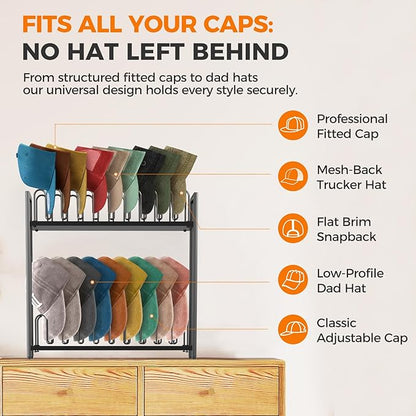 Cinati 2-Tier Hat Organizer for Baseball Caps, 18 Capacity Freestanding Baseball Cap Rack, Metal & Wood Hat Storage for Closet Entryway Bedroom, Black Cap Holder Stand, Gifts for Men Dad