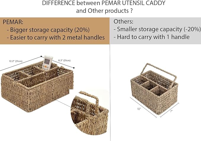 PEMAR Large L-Sized Hand Woven Utensil Caddy Carrier, Natural Jute Wicker Condiment Holder for Table, Kitchen Set Counter Top Silverware Organizer, Rustic Storage for Forks, Spoons, Seagrass
