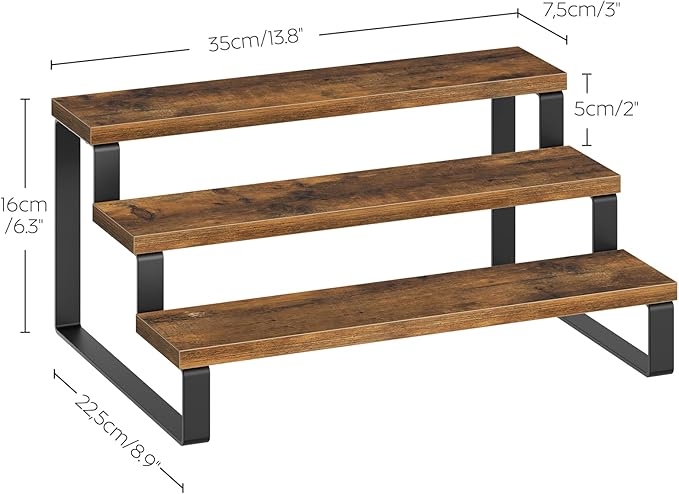 YATINEY Spice Rack, 3 Tier Wooden Display Riser Stand, Kitchen Storage Organizer for Spices, Versatile Display Shelf, Space Saving, for Kitchen Countertop and Cabinet, Rustic Brown SR03L2BR