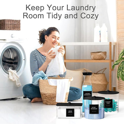 3+1 Pack Laundry Pods Containers & Dryer Sheet Holder & Laundry Detergent Dispenser, Laundry Room Organization and Storage Jars with Lids, Labels and Scoops for Scent Booster Powder Pods, Black Lid