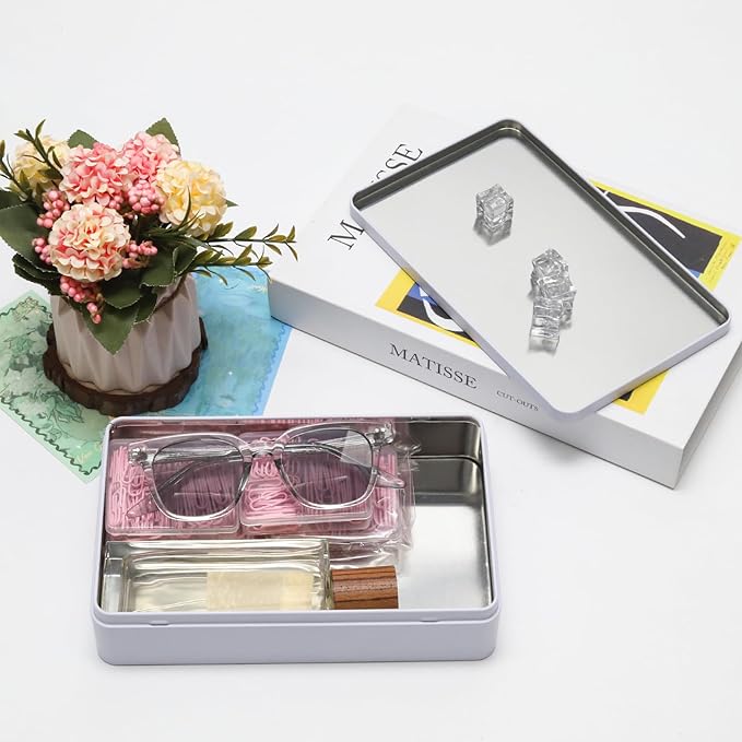 White Metal Tin Box with Lid, 8.5 x 5.3 x 1.9 Inch Rectangular Empty Tin Box for Home Storage
