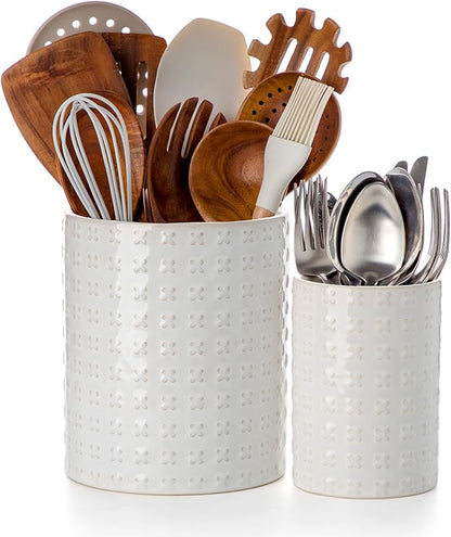 Nucookery Utensil Holder, Extra Large Ceramic Utensil Crock for Kitchen Counter, Stable Spatula & Flatware Organizer, Farmhouse Embossed Kitchen Decor, Set of 2 (X Texture)