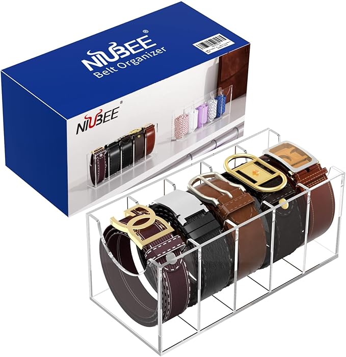 NIUBEE Belt Organizer, Acrylic Belt Storage Holder for The Closet, 5 Compartments Display Case for Tie and Bow Tie