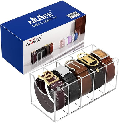 NIUBEE Belt Organizer, Acrylic Belt Storage Holder for The Closet, 5 Compartments Display Case for Tie and Bow Tie