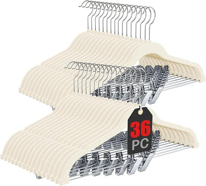 Korpai 36-Pack Beige Velvet Hangers with Clips Adjustable,Adult Hangers,Outfit Hanger,Heavy-Duty,Felt,Non-Slip,Space Saving, for Pants, Skirts, Suits,Coats, Dresses ect.